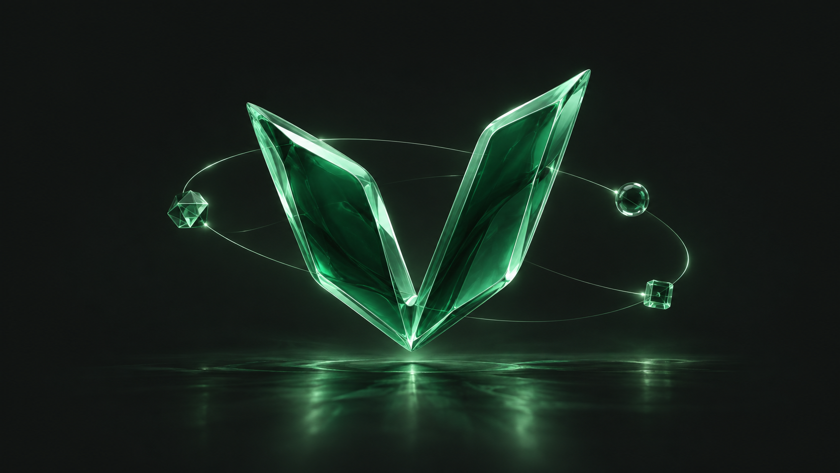 Emerald glass VELA emblem surrounded by luminous connected nodes